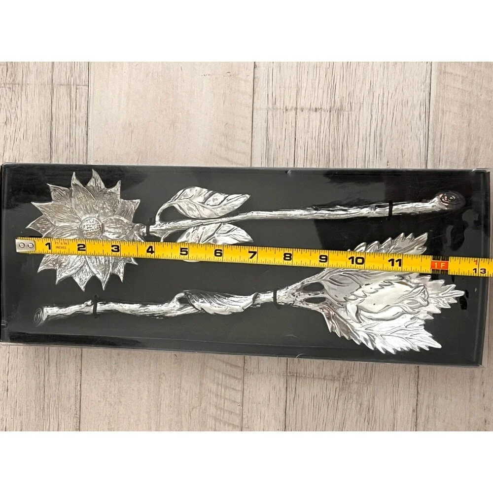 NIB Aluminum Salad Servers Set Sunflower Rose Floral Silver Wedding Party Gift